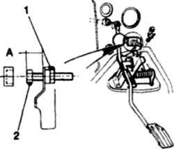 5.7 Регулировка педали акселератора1 .Контргайка упорного болта педали2. Упорный болт педали3. Установочное расстояние упорного болта (См. текст)